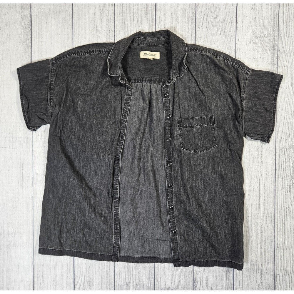 Madewell Courier Button Front Shirt‎ Women XXS Black Cotton Short Sleeve Top